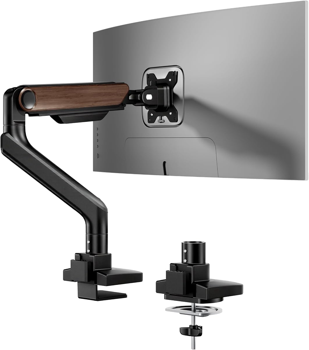 Ultrawide Monitor Arm, Monitor Stand for 17 to 49 inch Screens Holds up to 44 Lbs, Adjustable Gas Spring Arm with C Clamp & Grommet Base for Gaming Office, 75/100 VESA Mount, Wood Grain
