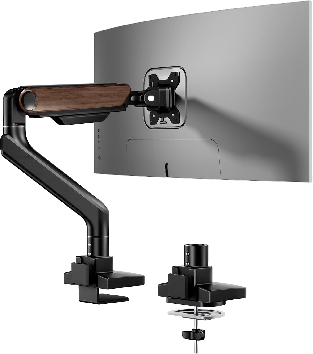 FlexiSpot Ultrawide Monitor Arm, Monitor Stand for 17 to 49 inch Screens Holds up to 44 Lbs, Adjustable Gas Spring Arm with C Clamp & Grommet Base for Gaming Office, 75/100 VESA Mount, Wood Grain