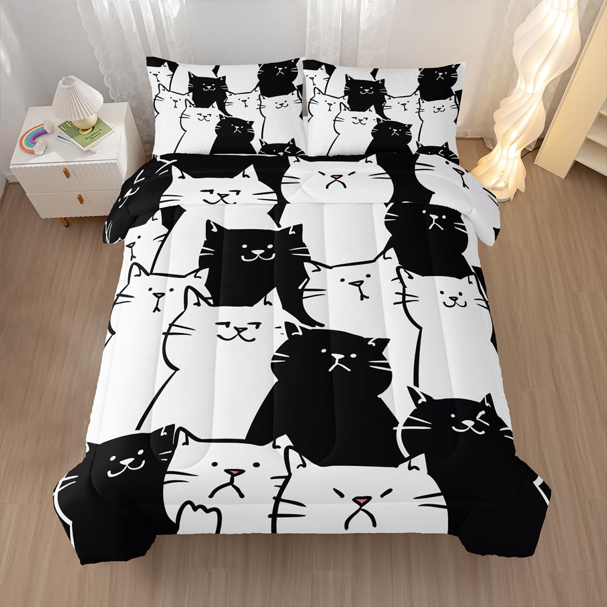 Nttopship Black White Cat Comforter Bedding Set with 2 Pillowcase Full Size Cartoon Cat Comforter Set for Kids Boys Girls Bedroom Decor
