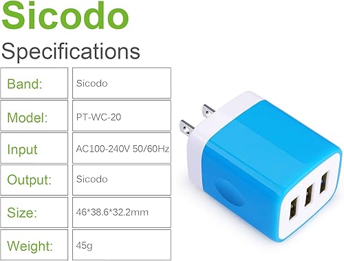 Miniatura 6 de Enchufe de carga, bloque de carga Sicodo - Paquete de 5 cubos de cargador USB de 3.1 amperios de 3 puertos para iPhone 15/14/13/12/11/SE/X/8 Pro