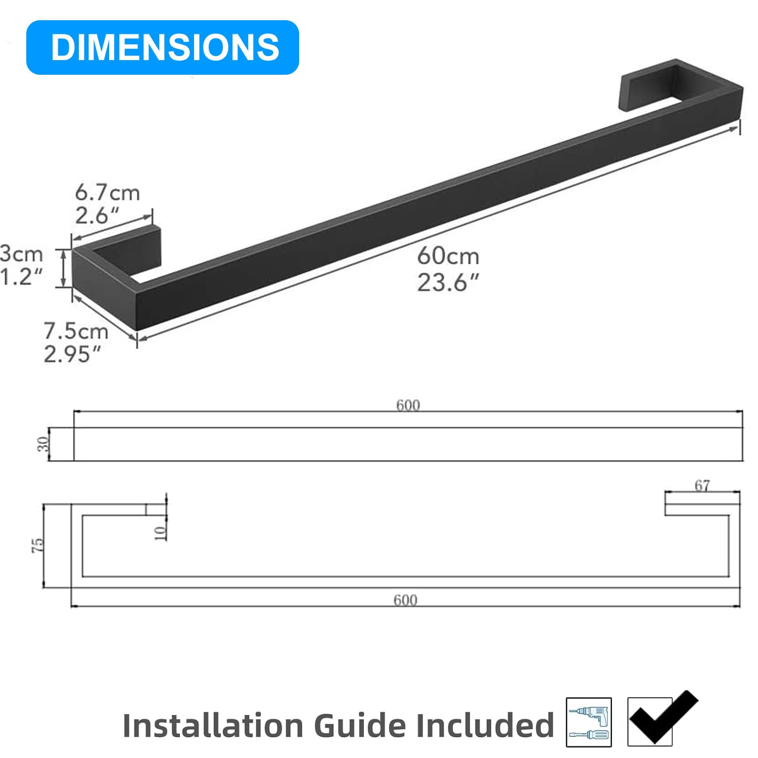 Porte-serviettes mural simple pour salle de bain Noir mat 61 cm