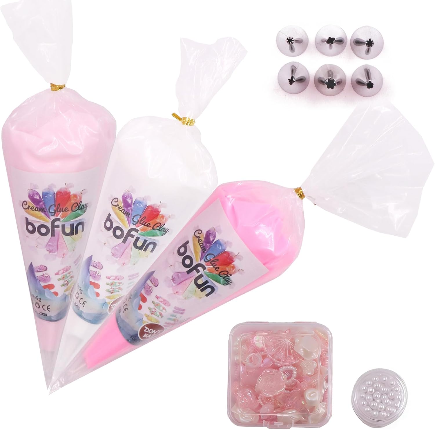 BoFUN 3-Pack Decoden Cream Glue Clay Set for Teens & Adult, DIY Phone Craft Case Craft Kit, with Resin Charms, Piping Tips, Party Birthday Gift Creative Art Supplies (Pink/Pearl)