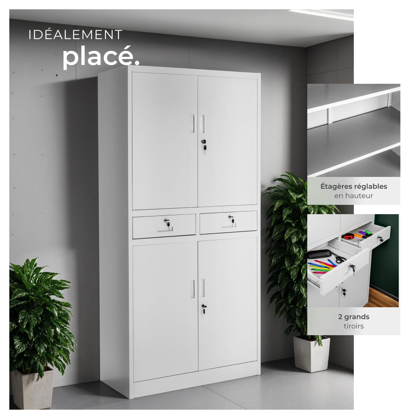 tectake Armoire de Rangement Metal Armoire de Bureau avec Serrure 4 Portes battantes et 2 tiroirs verrouillables pour Rangement Dossier, 80 x 40 x 180 cm - Gris Clair