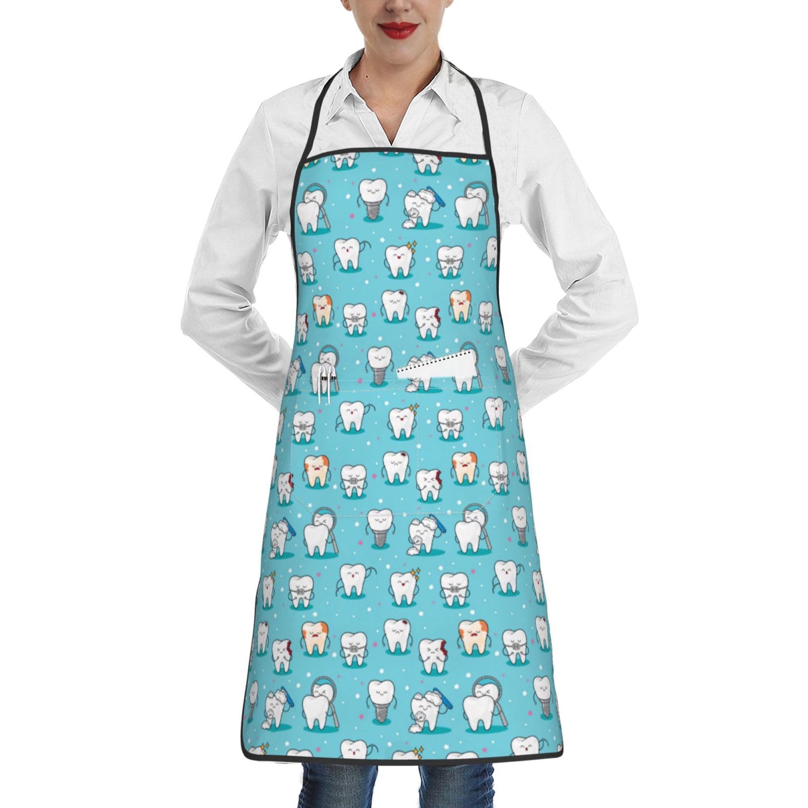 Poadnly Unisex As Picture Dental Teeth Blue, Kitchen Aprons With Pockets,Adjustable Waterproof Chef Cooking Bib Apron