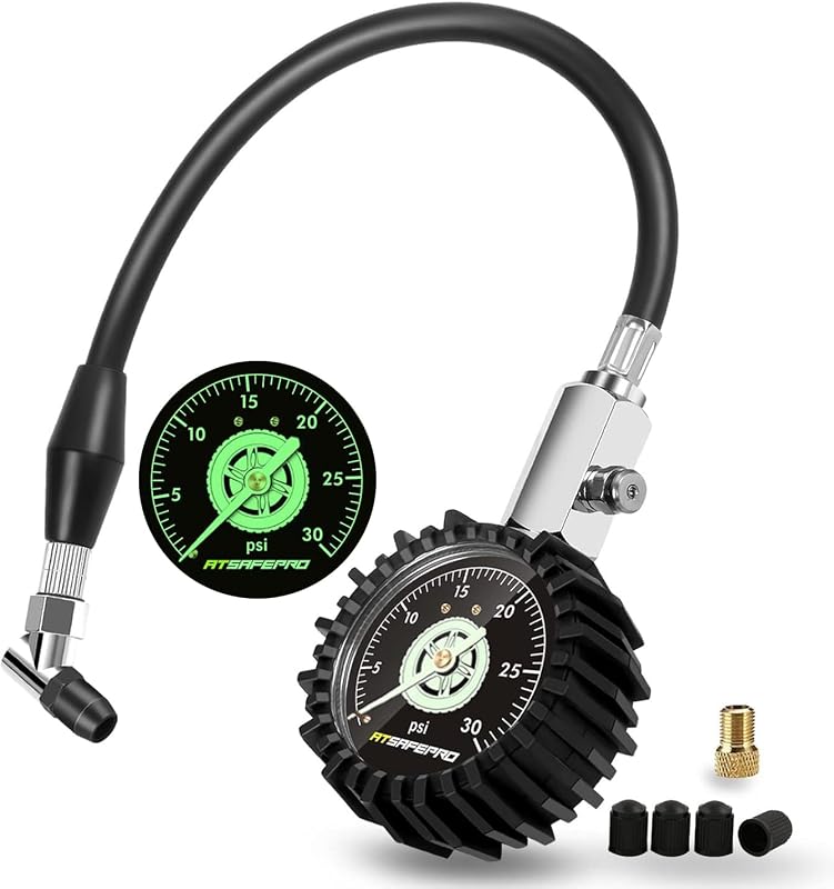 Medidor de neumáticos de baja presión a 30 PSI, medidor de neumáticos mecánico de 2,5 pulgadas con manguera flexible y mandril en ángulo, medidor de presión de aire analógico que brilla en la oscuridad para ATV, todoterreno, cortadora de césped, etc.