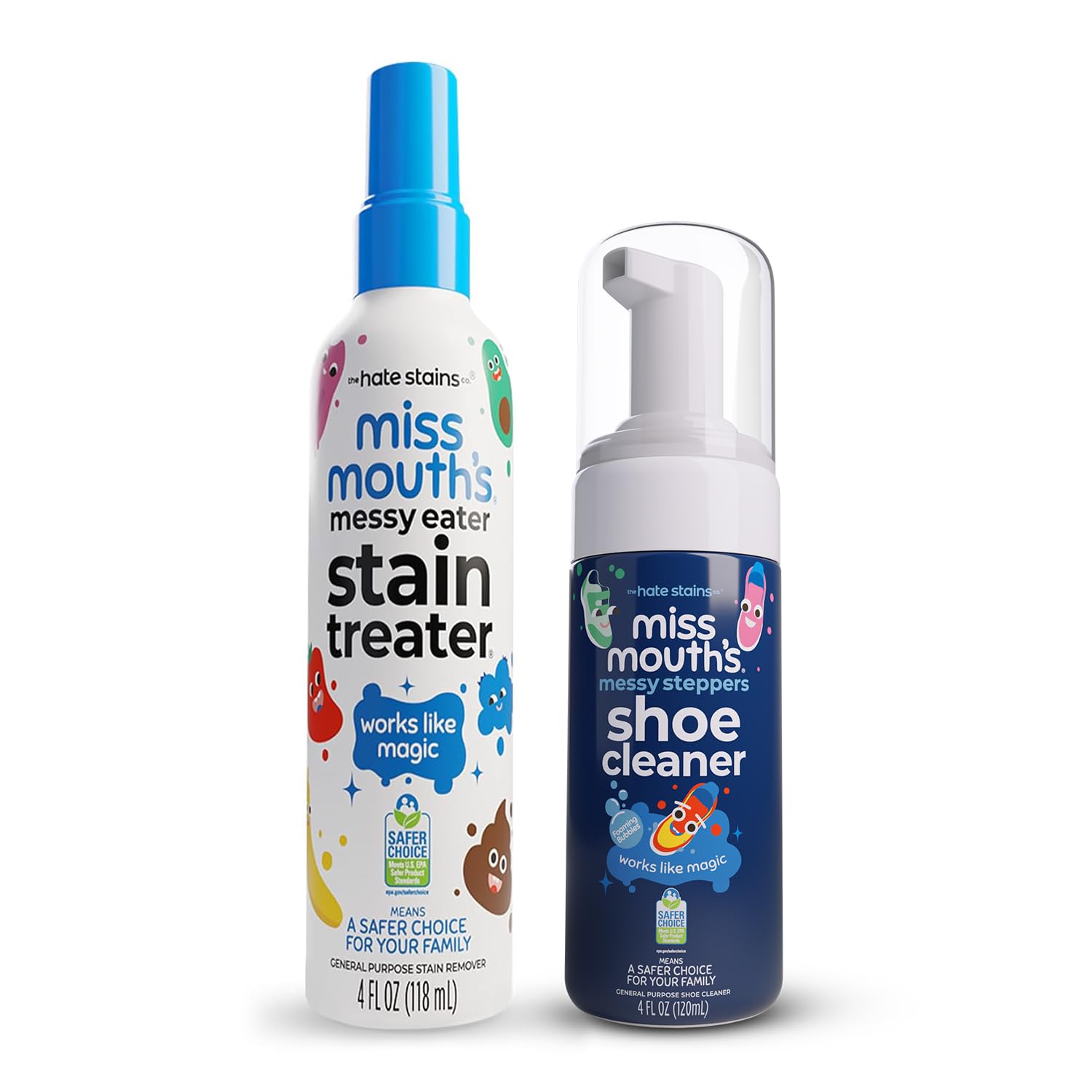 Miss Mouth's Messy Eater Stain Treater and Messy Steppers Shoe Cleaner Magic Duo - Stain Remover for Clothes, Carpet, Upholstery and Shoe Cleaner for Sneakers, Leather, Cloth, Mesh