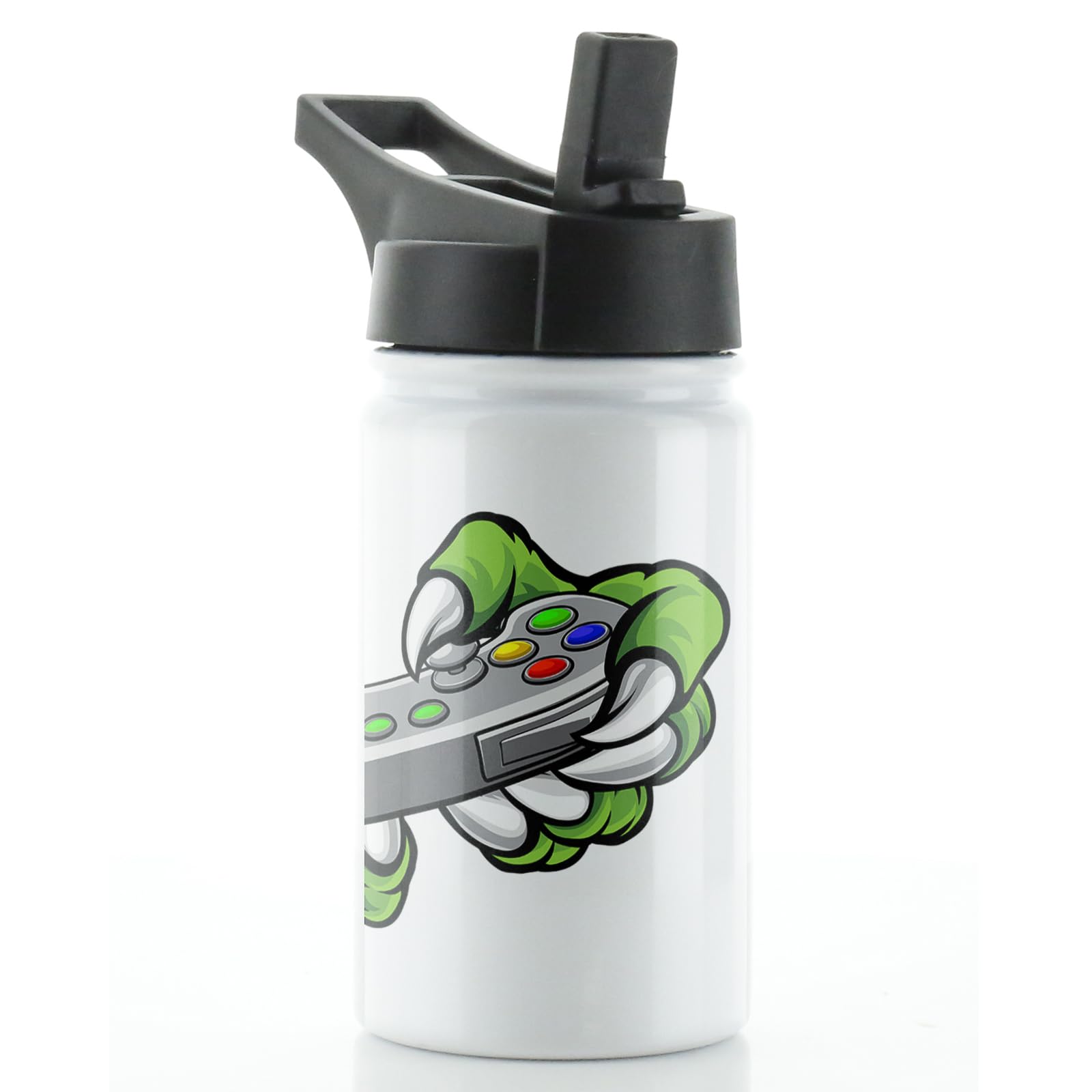 Hairyworm Personalised Water Bottle, 350ml White Sports Flask with Straw Cap Flip Lid, Stainless Steel, Customised with Initial/Name, Dinosaur Claws Game Pad Gaming Design Print, Drink Bottle