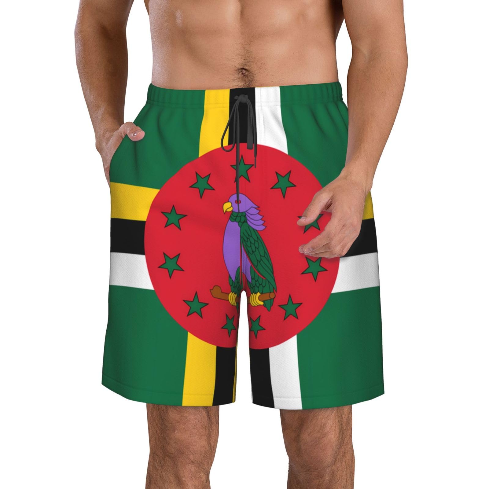 JxWCher Dominica Flag Print Men's Swim Trunks, Quick Dry Board Shorts Beach Shorts, Swimwear Bathing Suits with Pockets, White, S
