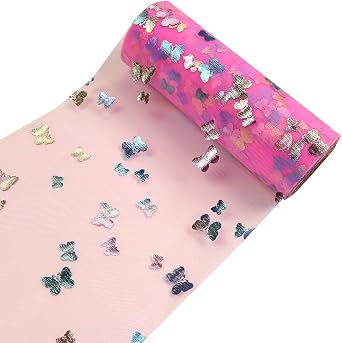 Butterfly Glitter Tulle Rolls 6 inch x 10 Yards 30 feet for Table Runner Chair Sash Bow Pet Tutu Skirt Sewing Crafting Fabric Wedding Unicorn Halloween Party Gift Ribbon Deep Pink