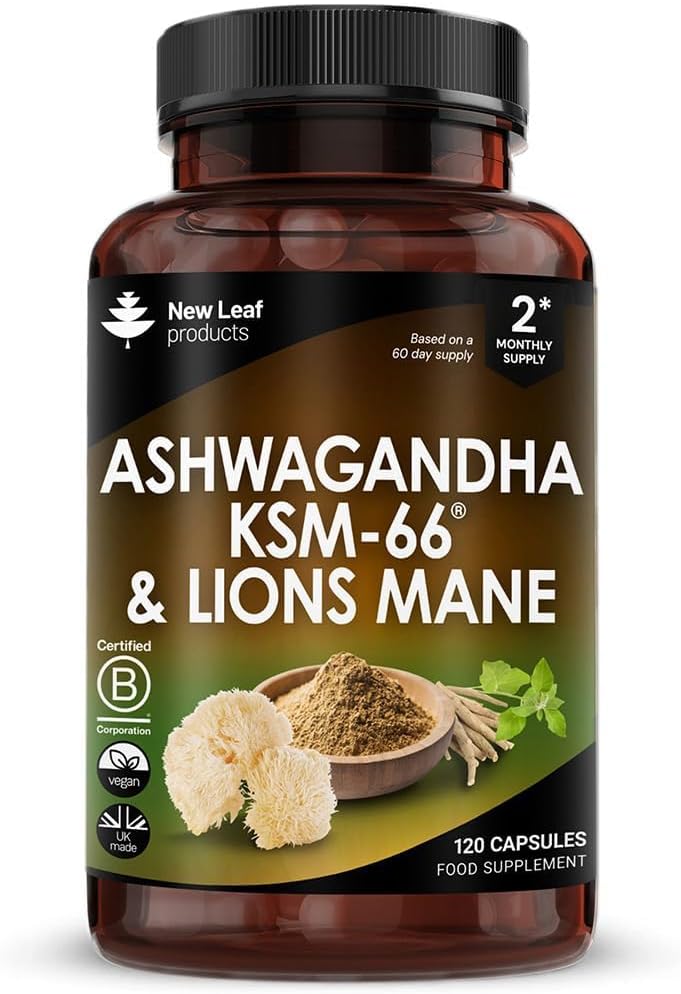 Ashwagandha KSM-66 and Lions Mane Capsules - High Strength 2000mg KSM-66 Ashwaghandha Root Extract and Lions Mane Mushroom Extract - 120 Vegan Capsules with Black Pepper - UK Made by New Leaf