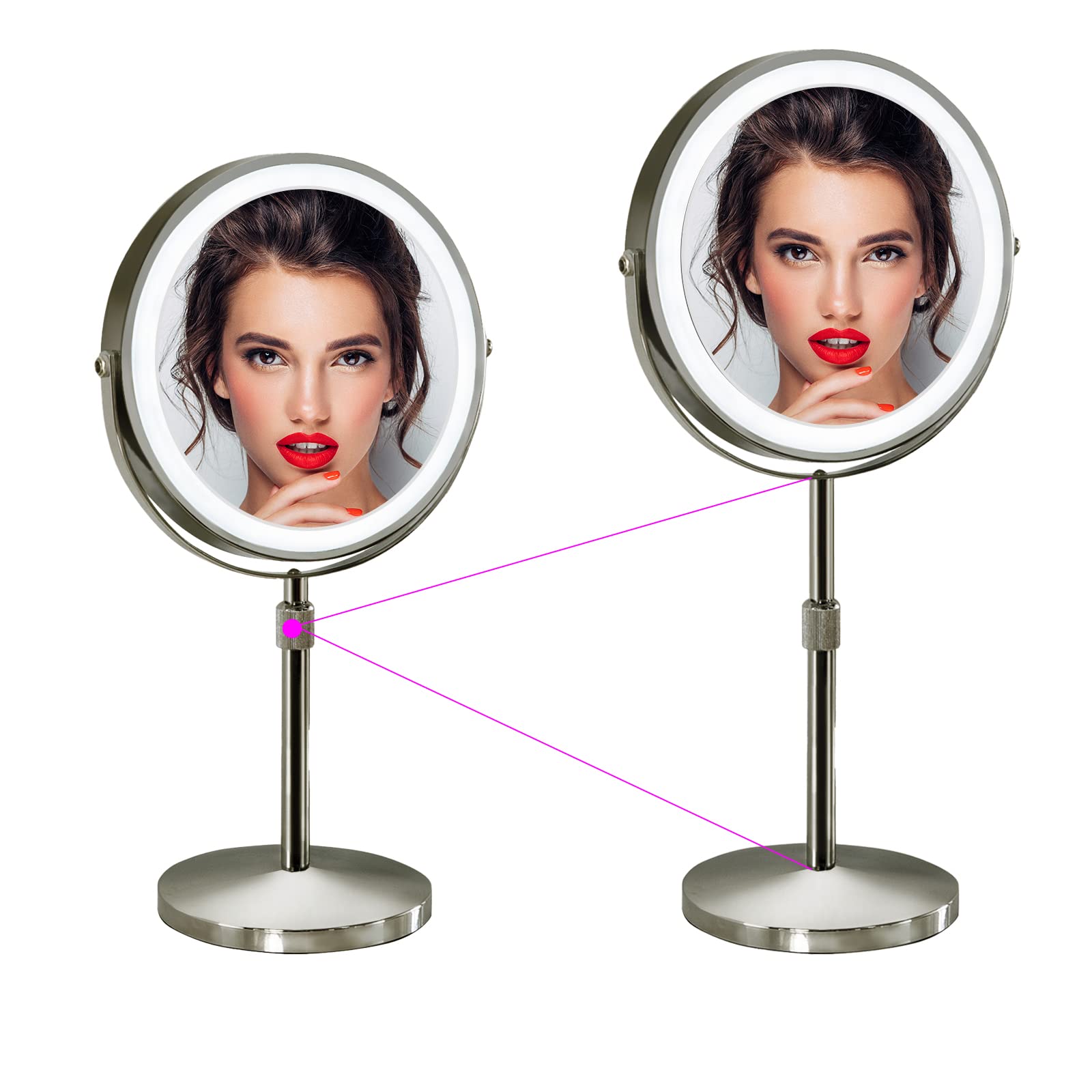 Adjustable Height Makeup Mirror with Light,Rechargeable 8" HD Double Sided Mirror,3 Color Lights and 1X/10X Magnifying Swivel Mirror,Tabletop Cordless Vanity Mirror with Lights,Nickel.