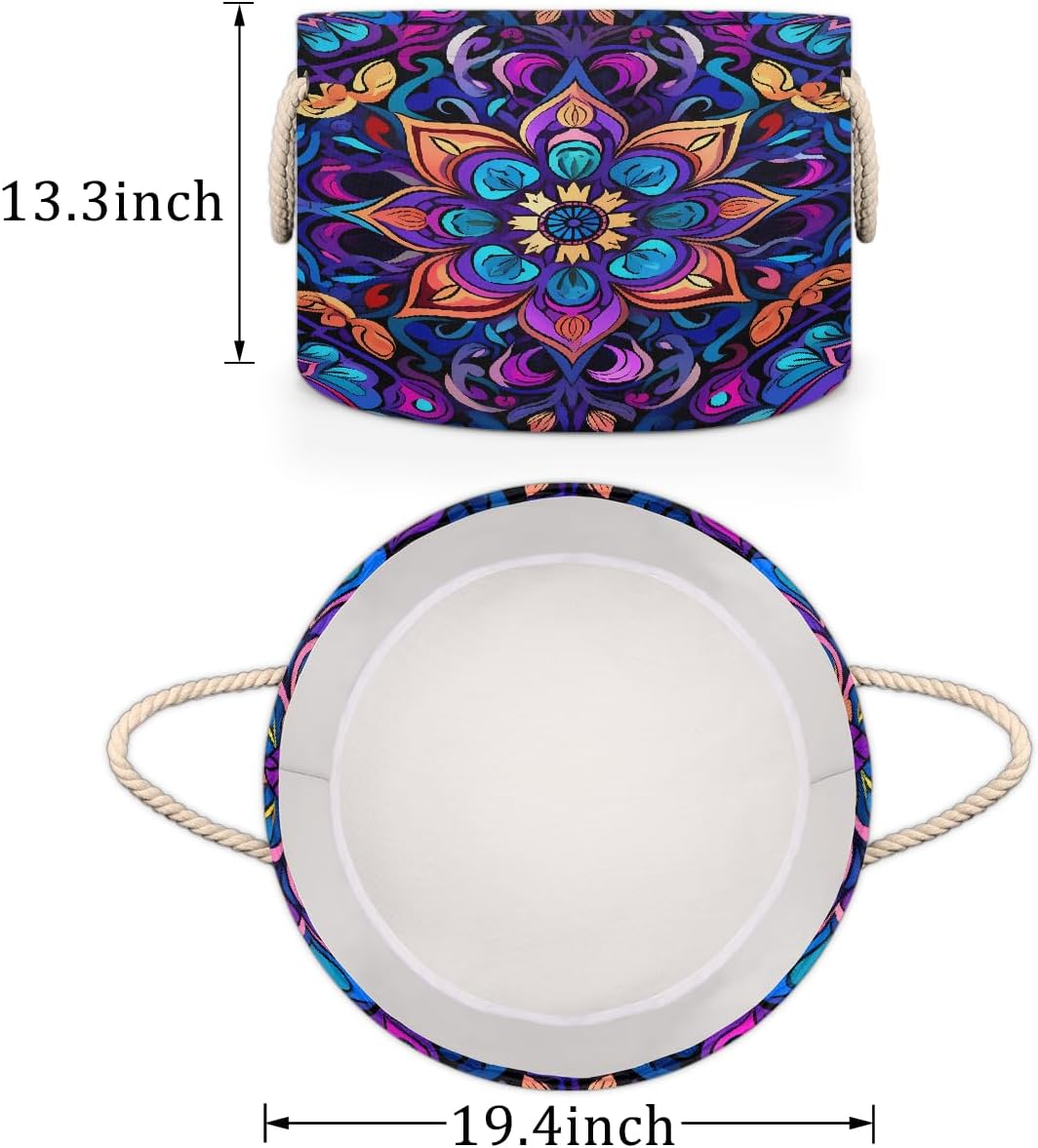 Large Storage Basket Purple Mandala Traditional Ethnic Pattern Round Nursery Toy Organizer Bin with Cotton Rope Handles Collapsible Laundry Hamper Blanket Basket for Living Room, 20"×13"