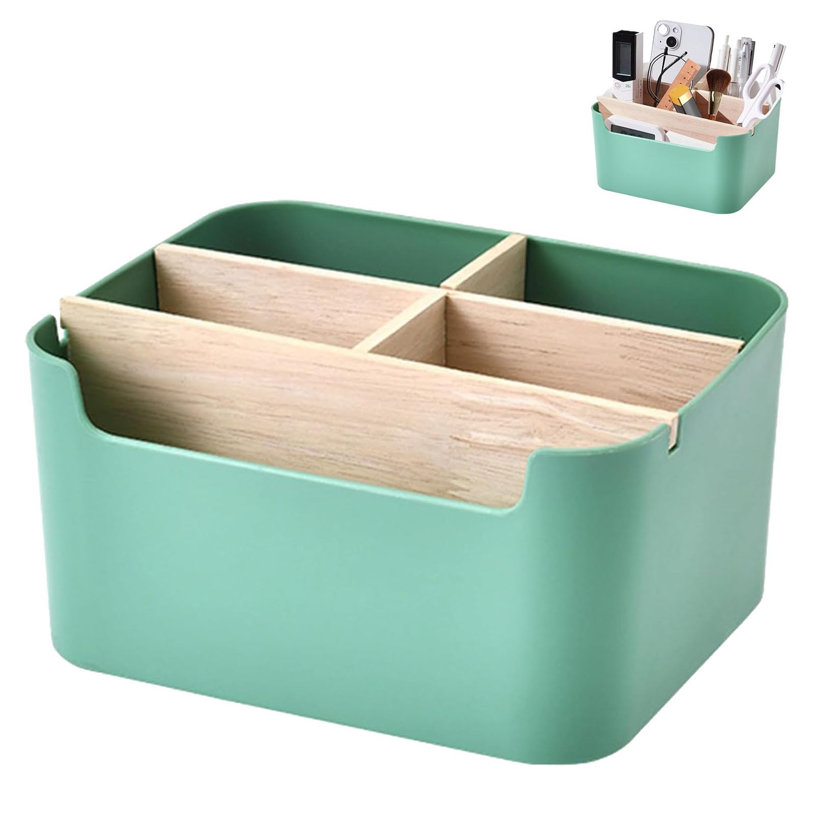 Huamirra Organizador Escritorio, Organizador de Madera con 5 Compartimentos, Organizador de Escritorio de Bambú, Caja de Almacenamiento Multifuncional, para Bolígrafos, Cosméticos, Verde