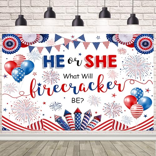 AIBIIN 7x5ft Firework Gender Reveal Backdrop He or She What Will Firecracker Banner 4th of July Memorial Patriotic Decorations for Boy Or Girl Blue Pink Banner for Baby Shower Photo Studio Props