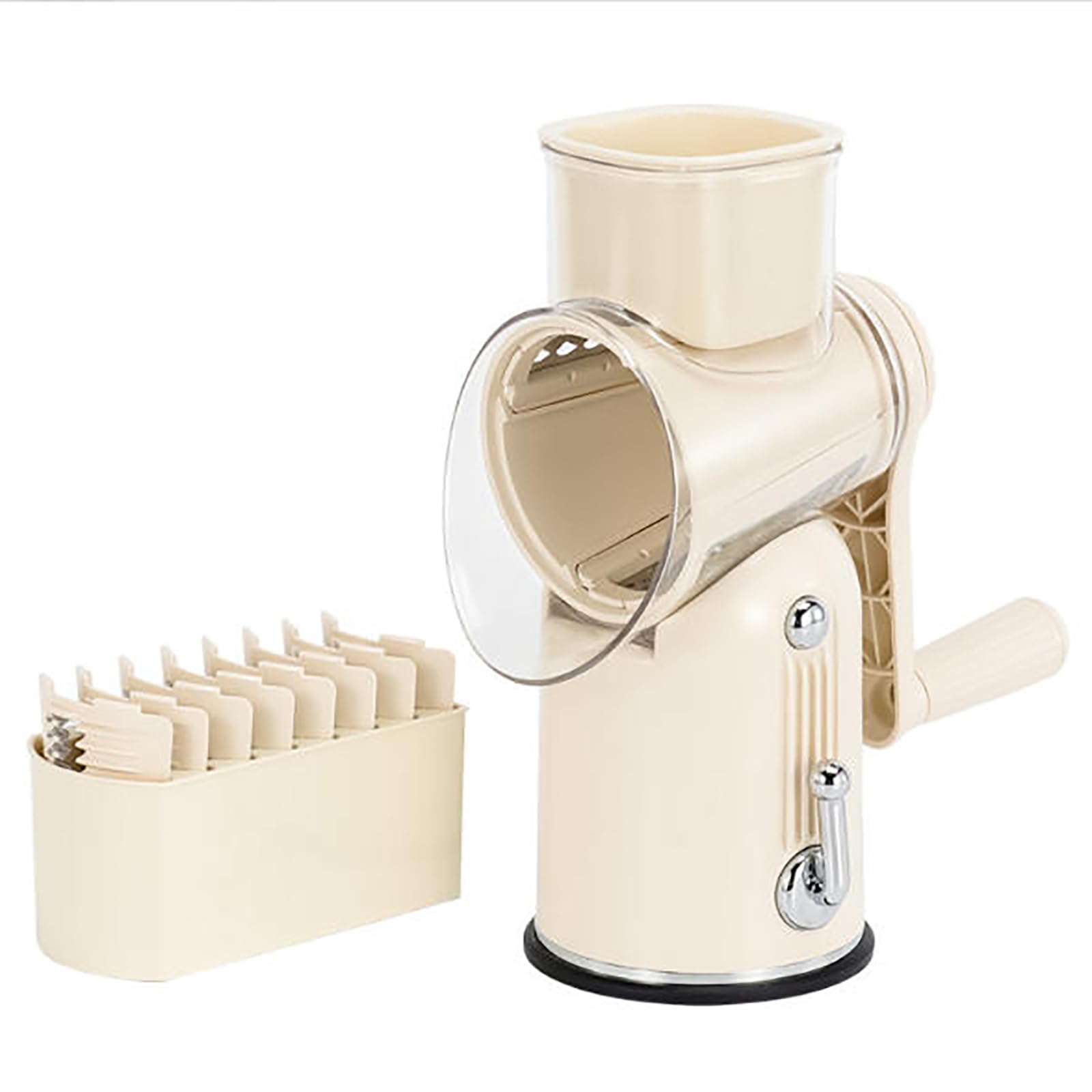 Rallador de queso, triturador giratorio de verduras con 5 cuchillas reemplazables para opciones gruesas, finas, onduladas y de rebanado, ideal para varias verduras