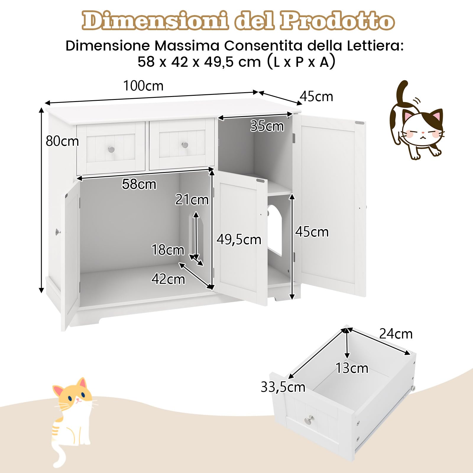 COSTWAY Lettiera Nascosto per Gatti con 2 Cassetti e 3 Porte, Bianco | Mobile Laterale per Gatti con Dispositivi Anti-Ribaltamento e Armadio Moderno per Animali Domestici