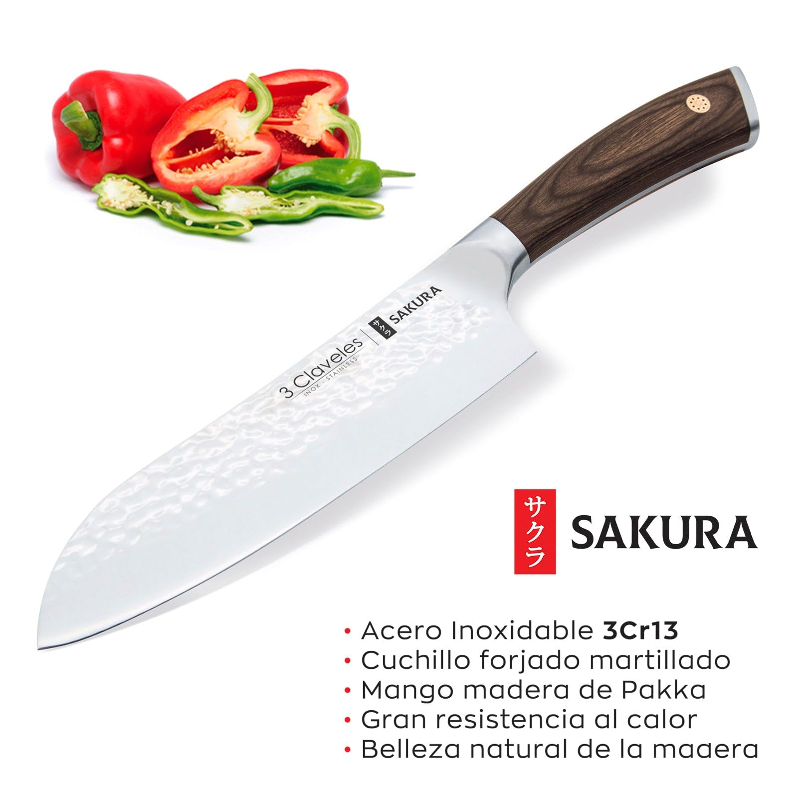 3 Claveles Juego de 5 Cuchillos Profesionales con Hoja Martilleada y Taco de Madera (5X Sakura Plus)
