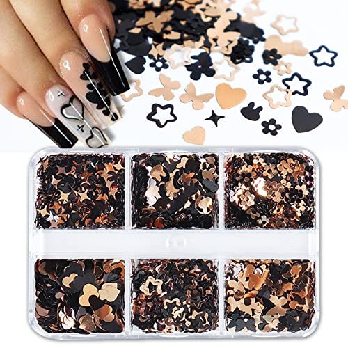 Flower Nail Art Glitter Butterfly Nail Sequins 3D Holographic Black Gold Hearts Stars Bunnies Flowers Butterflies Nail Stickers Decals Spring Shiny Flakes Nail Supplies For Women Girls Decor 6 Grids #TOP3