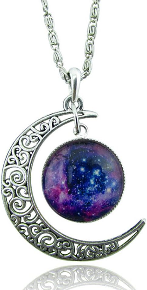 Silver Hollow Blue Purple Star Galactic Cosmic Moon Necklace