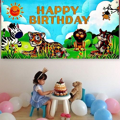 Image of Wanna Party Large Safari Jungle Animals Happy Birthday Banner, Jungle Party Sign /Photo Backdrop, Jungle Animals Theme Party Decorations Supplies for Safari /Jungle Themed Birthday Party-4' x2'