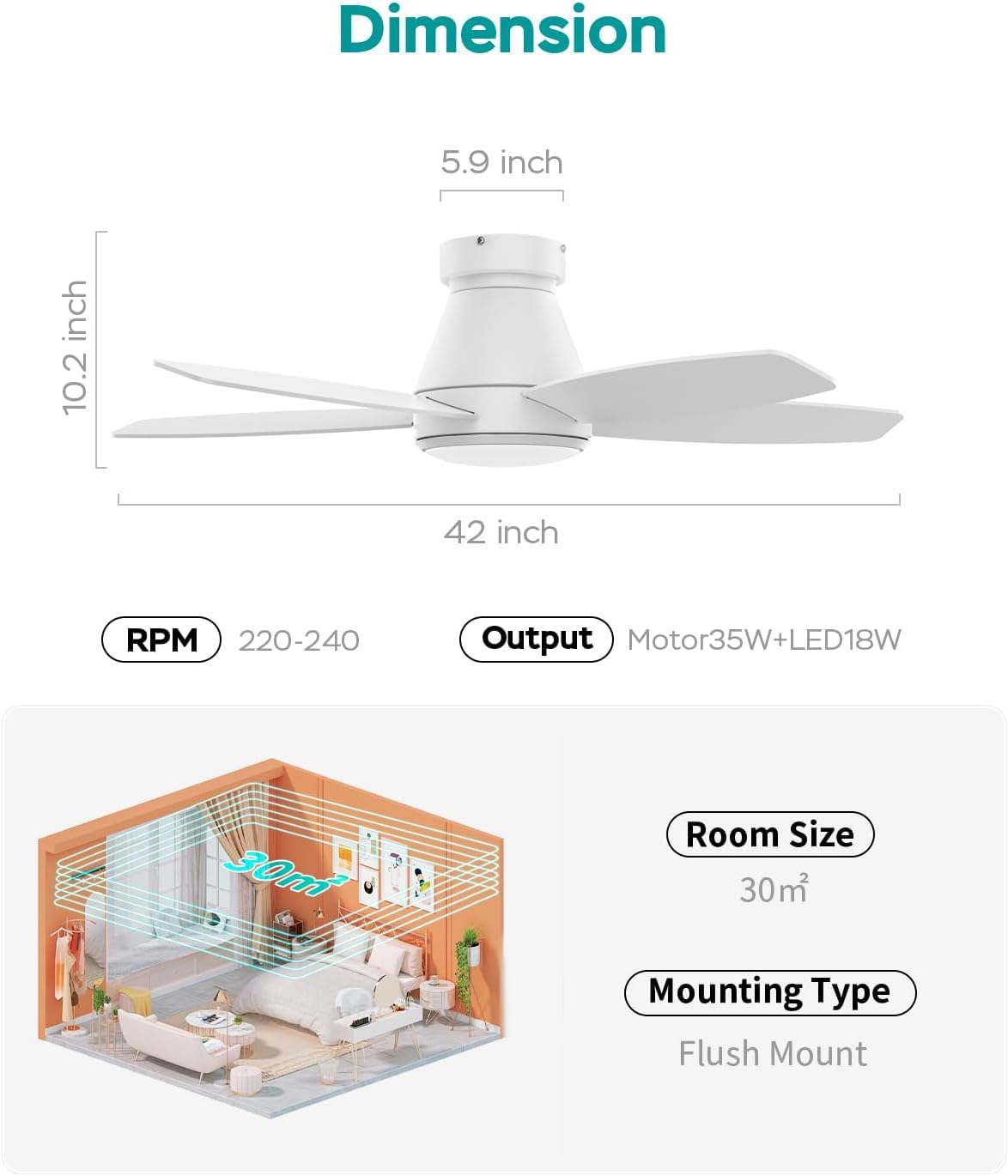 106CM Silenzioso Ventilatore da Soffitto con Luce e Telecomando &APP,0%-100% Dimmerabile 5 Pale Lampadario con Ventilatore,6 Velocità DC Reversibile Pale da Soffitto con luce