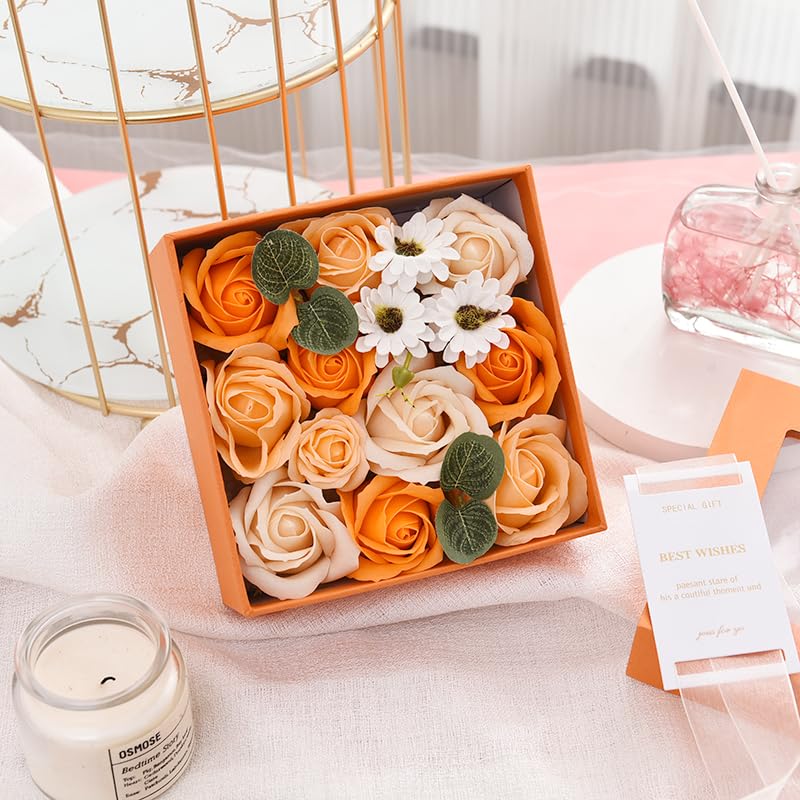 Ideal Swan Rose Bath Soap - Flower Floral Scented Rose Soap Petals in Flower Box, Transparent Window for Women Plant Essential Oil Set for Birthday Valentine’s Christmas （Orange）
