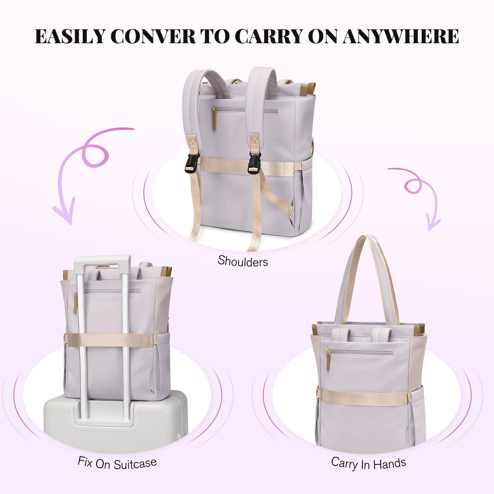 GOLF SUPAGS Mochila Convertible para Portátil de Mujer Bolsa de Viaje Informal para Portátil de Trabajo Universidad Ocio Viaje(Taro Morado & Blanco)