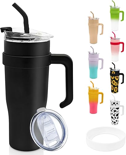 Miniatura 1 de Vaso con asa y pajita, acero inoxidable de 50 onzas, doble pared aislada al vacío, taza de viaje con tapa de dos tornillos y posavasos de silicona,