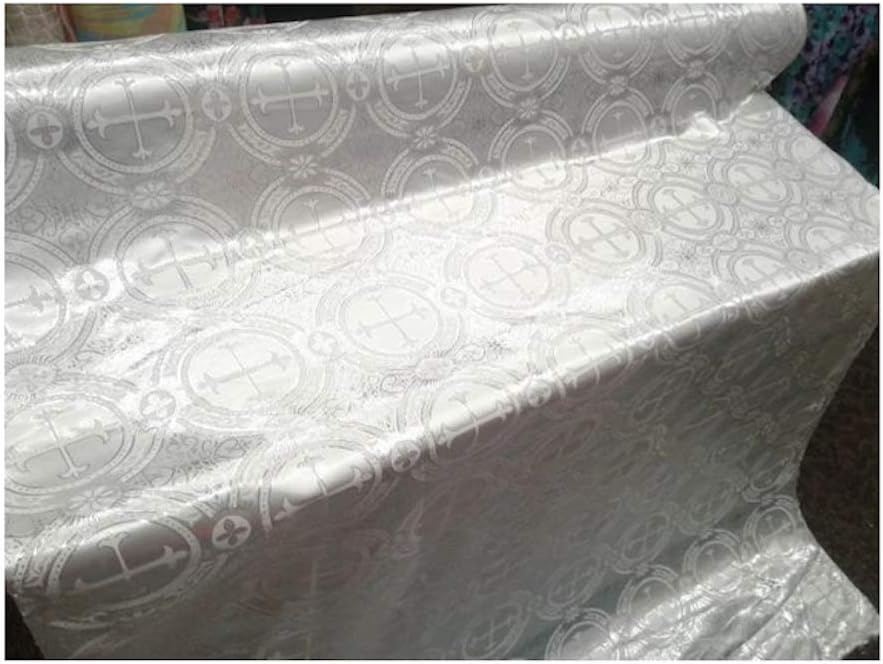 Religious Themed with Cross Heavy Brocade Fabric by The Yard, 58/60 Wide, White/Silver and Gold (White/Silver)