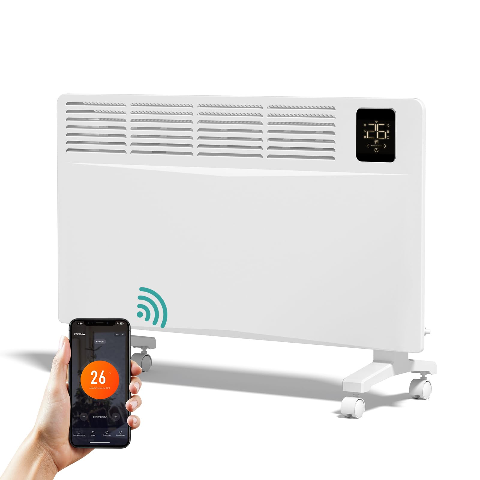 EMKE Calefacción eléctrica de bajo consumo 2000 W, calentador convector inteligente eléctrico con WiFi y control de aplicación, radiador eléctrico de pie o montaje en pared, color blanco