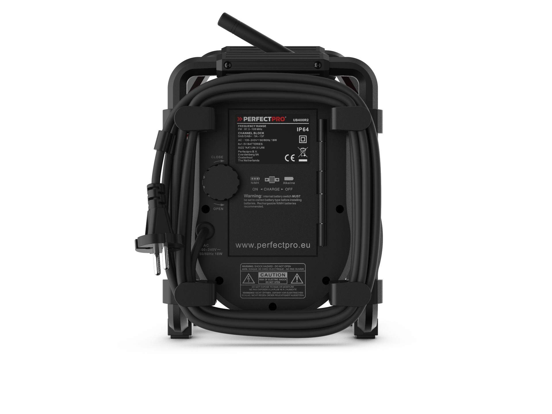 PerfectPro Baustellenradio UBOX400R, DAB+ und UKW-Empfang, Bluetooth, MP3, Radio mit AUX-Eingang, Stoßfest, Wiederaufladbar, Netzstrom und Akku, IP64, UB400R2
