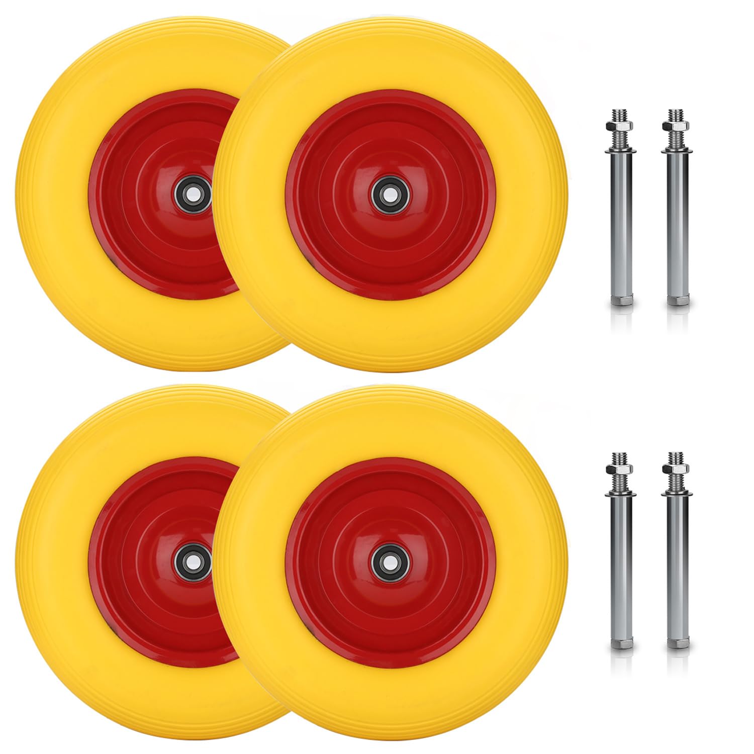 4er Set Ersatzräder 4.80/4.00-8 Vollgummi gelb-rot | 4 Vollgummi-Räder Ø 390 mm, 4PR, bis 200 kg Tragkraft, für Sackkarre, Gartenkarre und Handwagen.