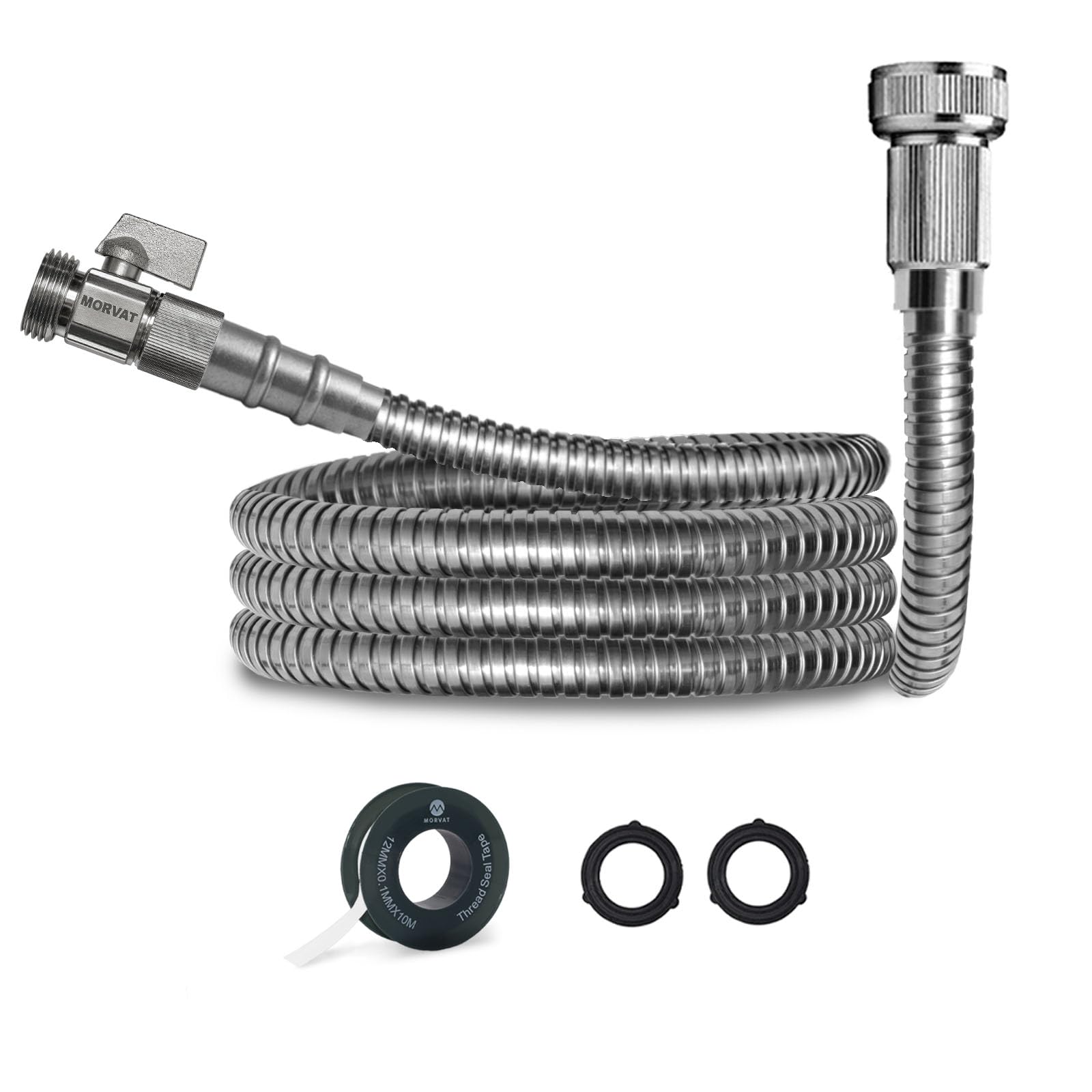 Morvat 3ft Stainless Steel Garden Hose Metal with Brass ON/OFF Valve, Heavy Duty for Nozzle, Water, Yard & Outdoor, Lightweight No-Kink, Crush &