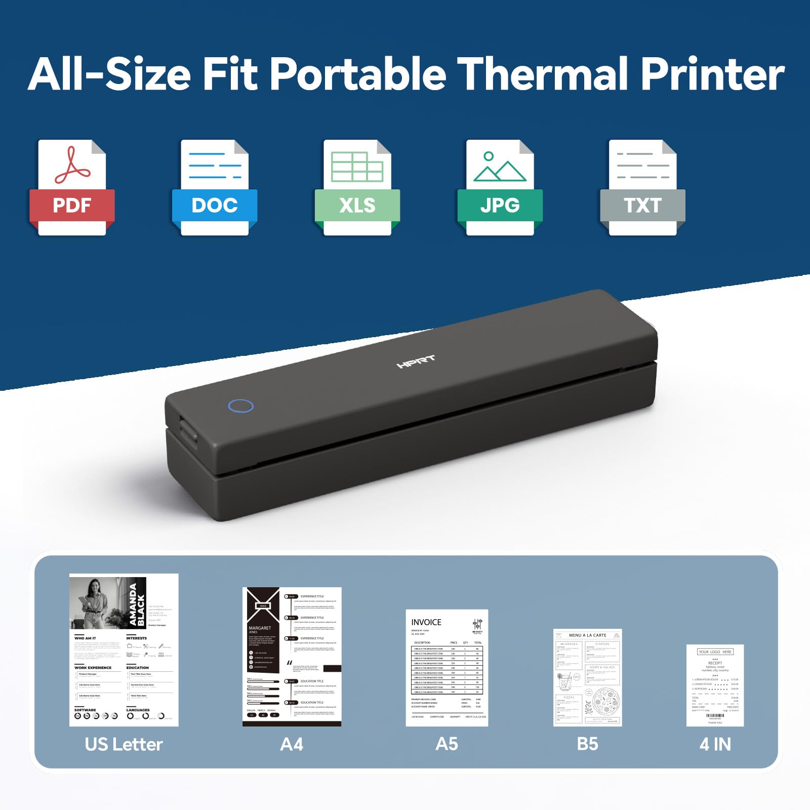 HPRT MT620 Imprimante thermique portable - Imprimante sans encre, compatible avec papier et étiquettes régulières, Bluetooth multi-utilisateurs et alimentation automatique du papier, compatible avec
