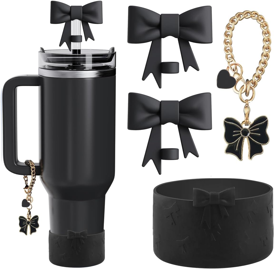 Accessories Set for Stanley Cup,2Pcs Bow Straw Cover Caps Straw Toppers,1Pcs Cute Bow and Heart Handle Charm and 1Pcs Bow Silicone Boot for Stanley 30&40oz Tumbler (Black)