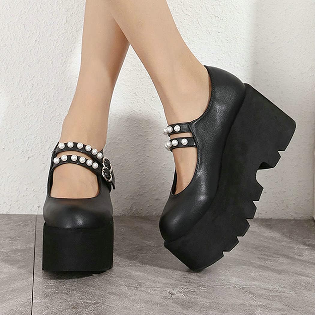 KIKIVIVI Womens Platform Chunky High Heel Mary Jane Double Ankle Strap Goth Pumps