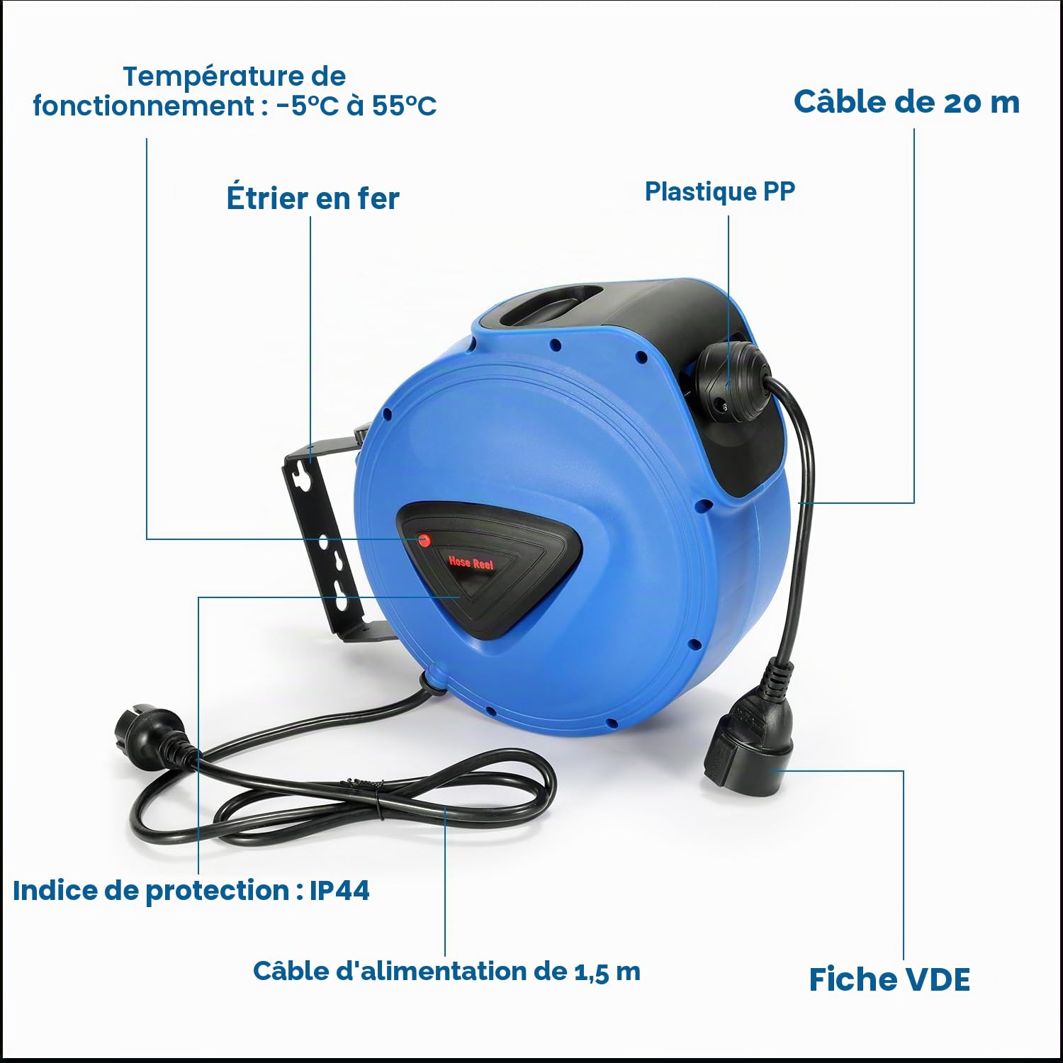 Enrouleur automatique de câble 20M+1,5M, enrouleur de câble avec fonction d'arrêt, câble d'extension, avec support mural pivotant à 180°, pour montage mural