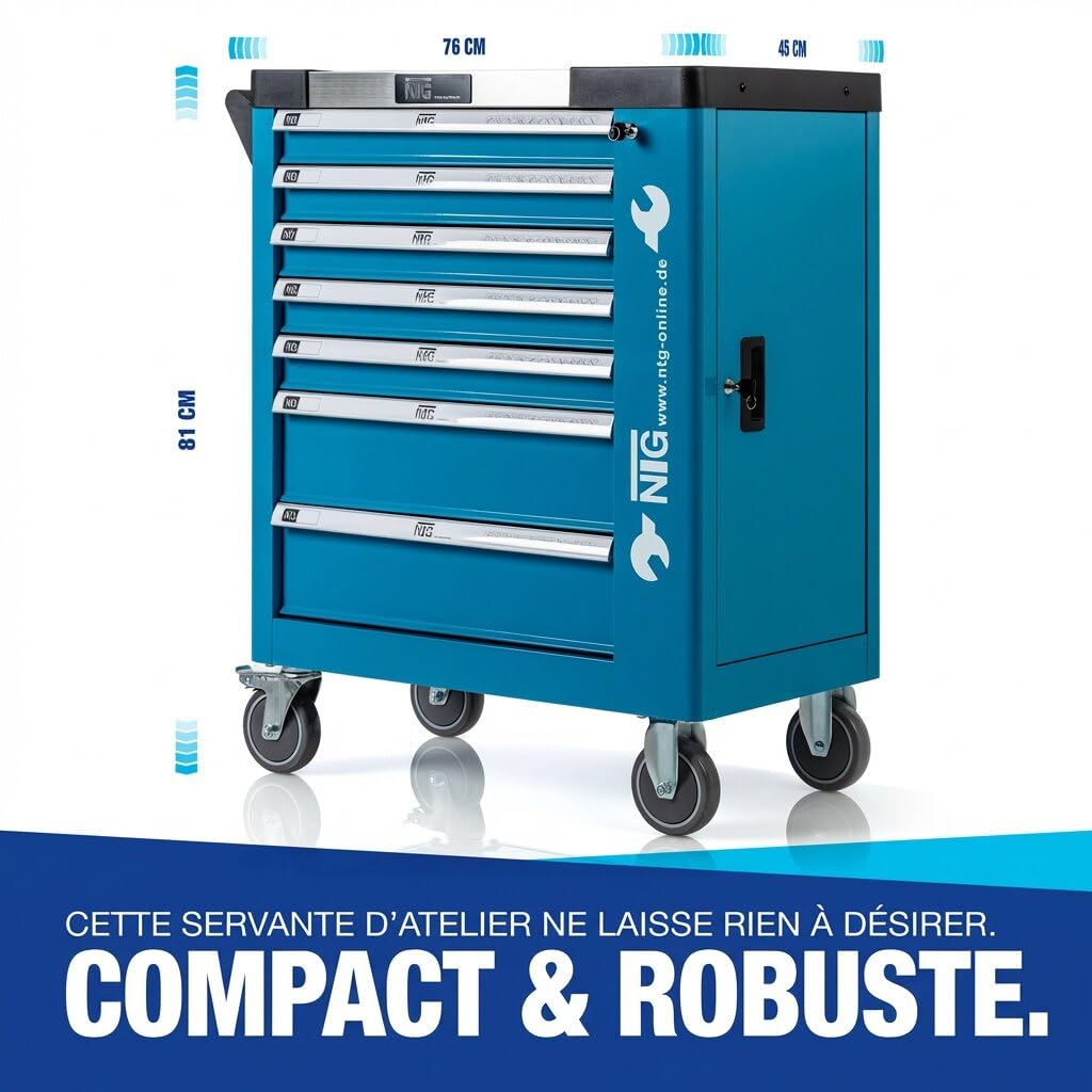 NTG Chariot à Outils + Outils + 7 tiroirs, 247 pièces, verrouillable, Dont 6 avec Outils, avec Inserts Souples en Aspect Carbone, tiroirs remplis, servante d'atelier, boîte à Outils