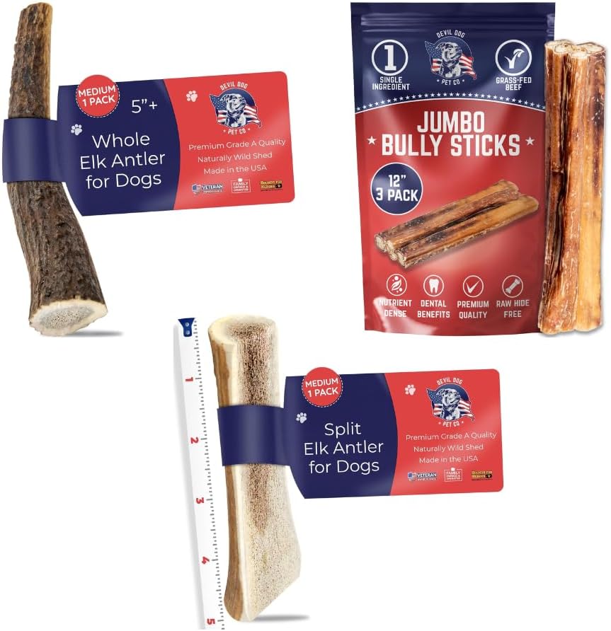 Devil Dog Pet Co (1) Whole Antler Medium 1 Pack + (1) Bully Stick Ultra Thick 12 in 3 Pack + (1) Split Antler Medium 1 Pack | Value Pack