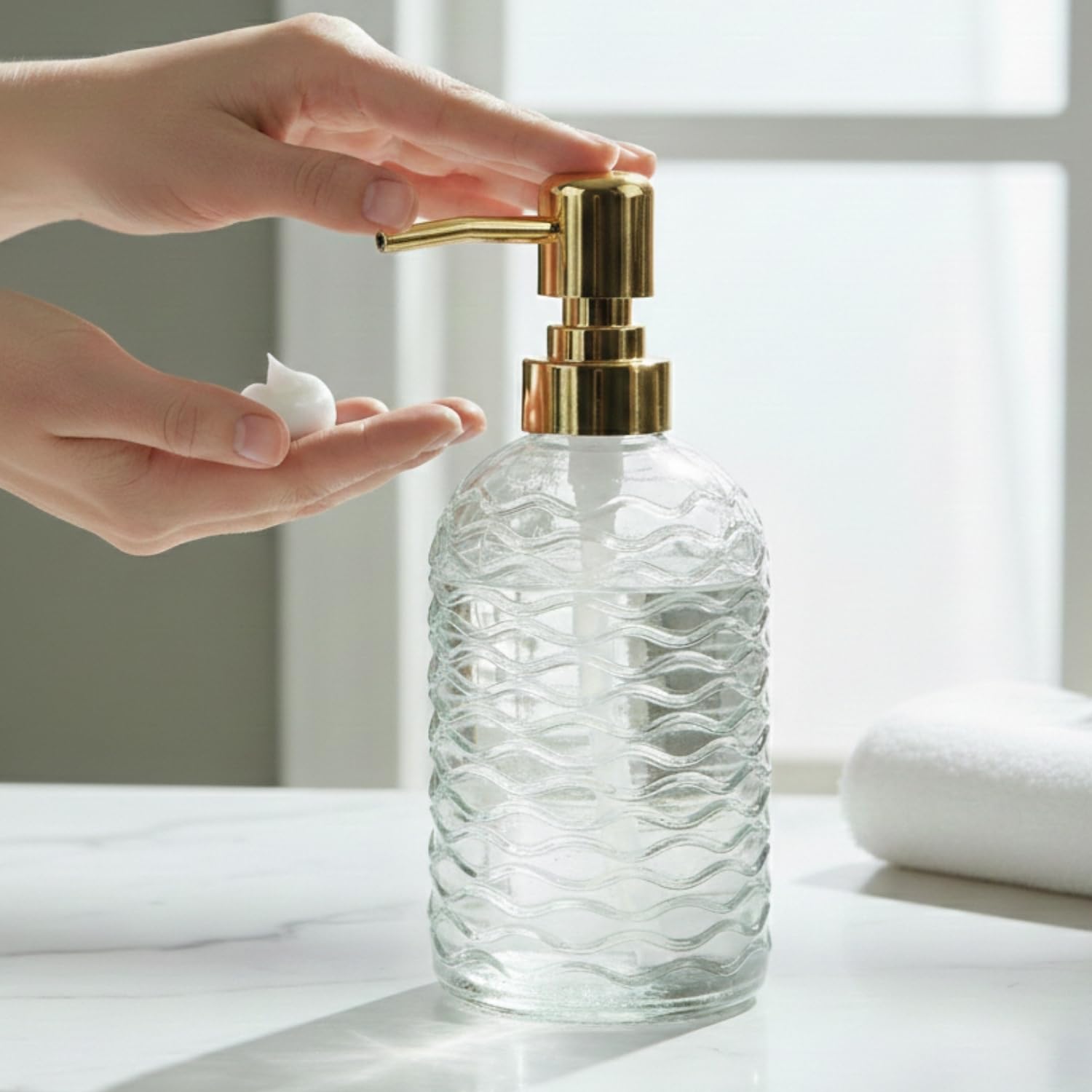 Kookee Premium Glass Soap Dispenser with Pump | Refillable Liquid Hand Wash Dispenser for Bathroom & Kitchen Wash Basin | Transparent (Set of 1) (11908)-image-10