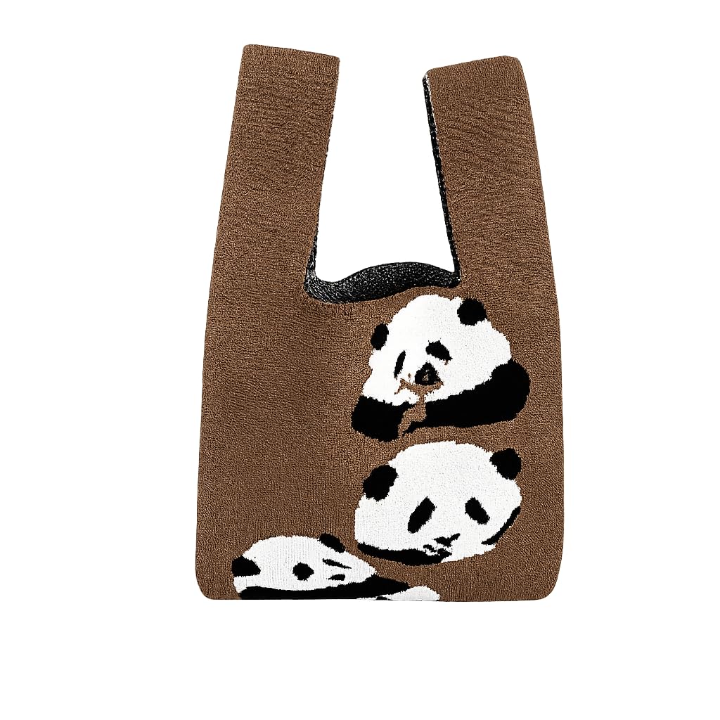 Panda Themed Knitted Wrist Bag for Women, Cute Wristlet Knot Pouch, Pink, Lightweight, Casual Small Purse Cute Tote Bag For Shopping, Dating, Travel (Muddy Brown)-image-29