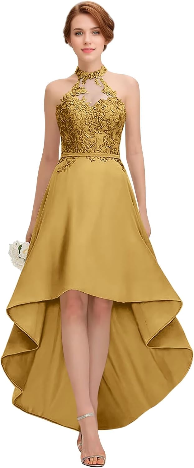 A-Line Bridesmaid Dresses for Women High-Low Prom Dresses Halter Lace Satin Formal Evening Party Dress Sleeveless