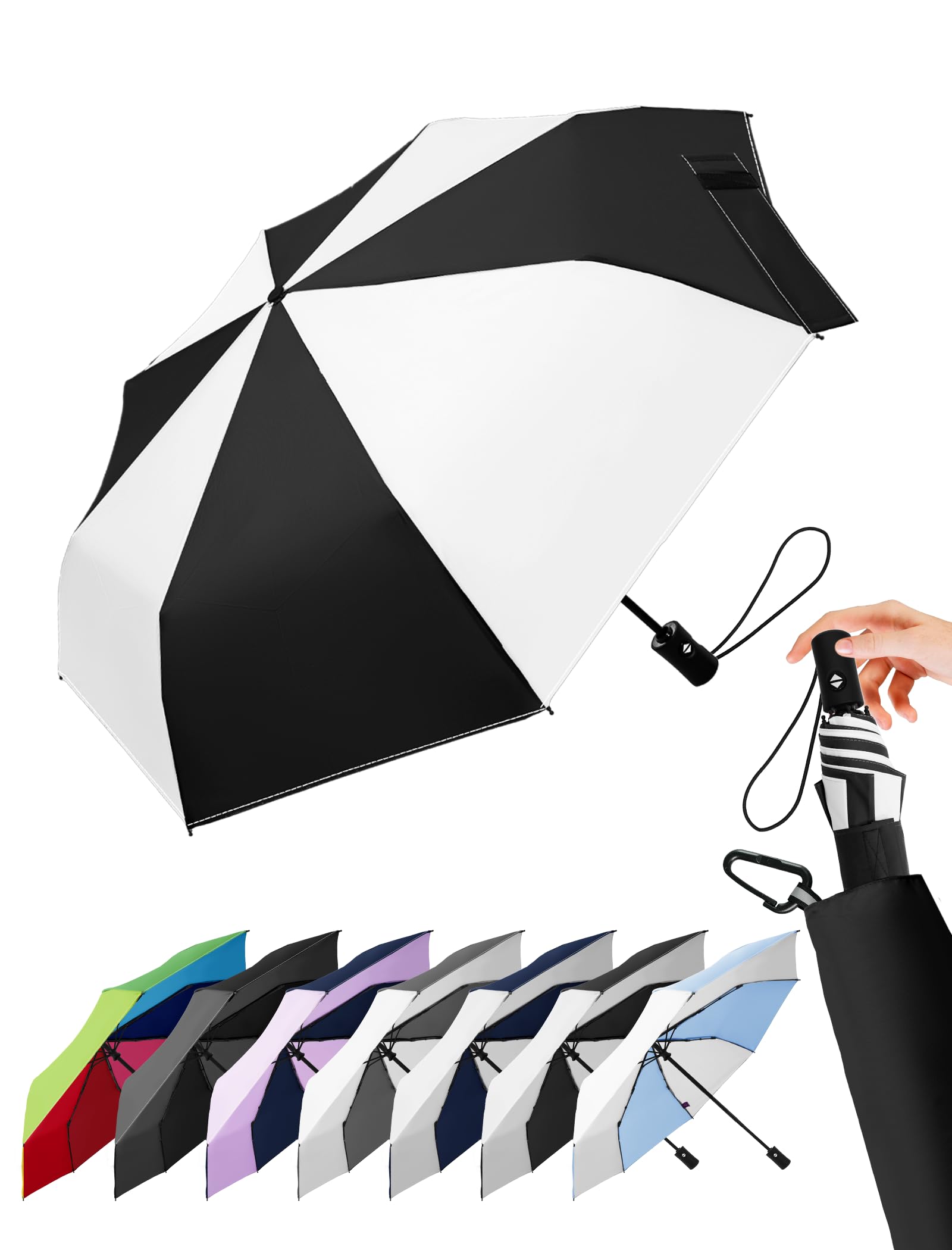 LILAC Regenschirm Klein Stabil Windfest, 110cm Taschenschirm Auf-Zu-Automatik, Kompakter Reiseschirm mit Klettverschluss & Karabiner, Leicht Faltschirm für Damen Herren