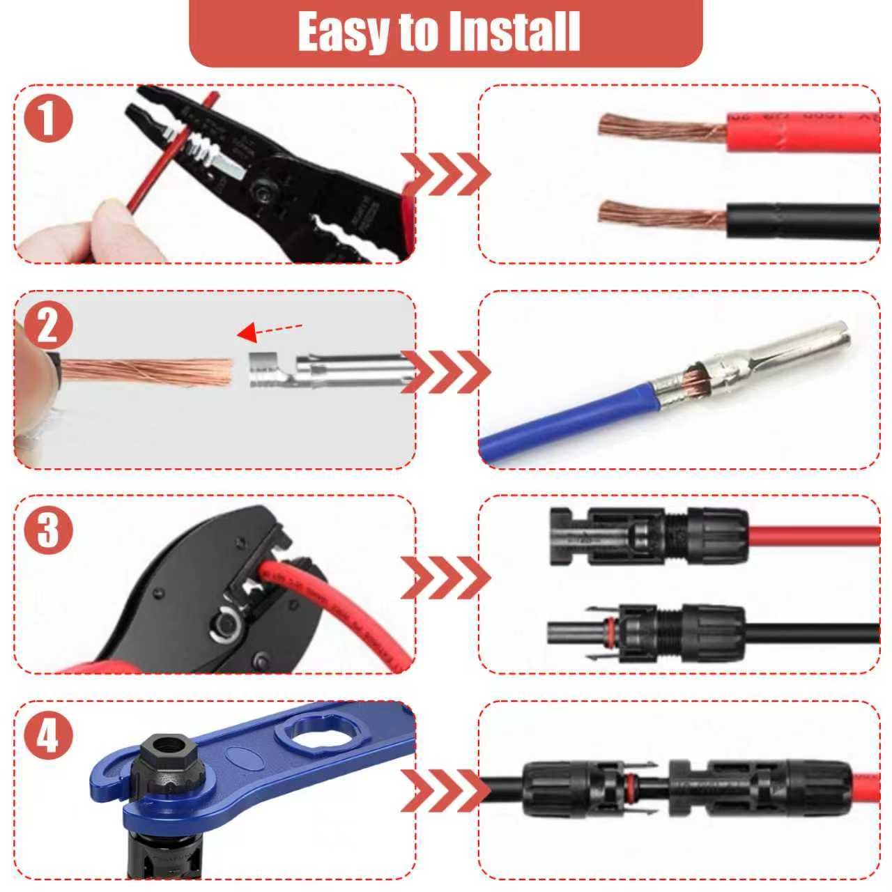Pince à Sertir Cosse Electrique pour Câbles PV de 2,5/4/6 mm², Outils de Sertissage Solaires, avec 1 Pince MC4, 12 Paires de Connecteurs Solaires et 2 Clés, pour Panneau Solaire Câble