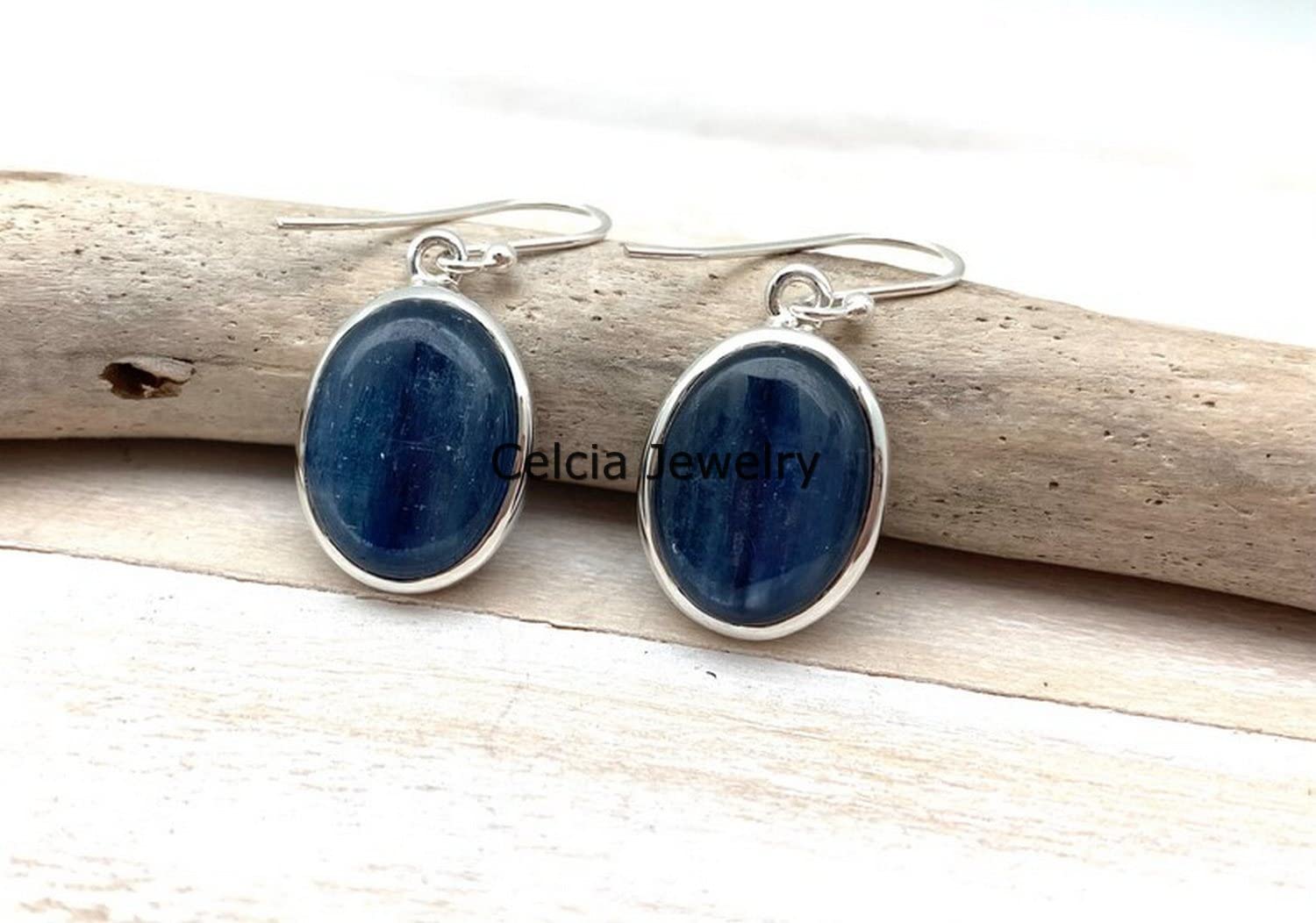 Pendientes colgantes de lágrima de plata de ley 925 auténtica para mujer, pendientes hechos a mano únicos de piedra preciosa azul ovalada de cianita natural para ella