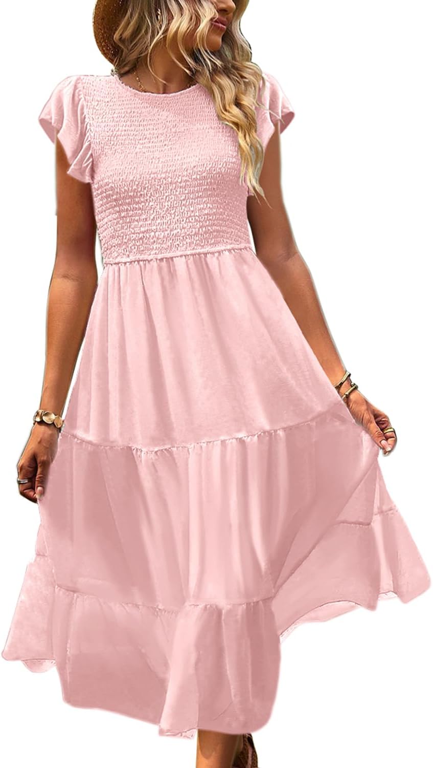 YESNO Women Summer Dresses Ruffle Cap Sleeve Casual Dress Boho Smocked