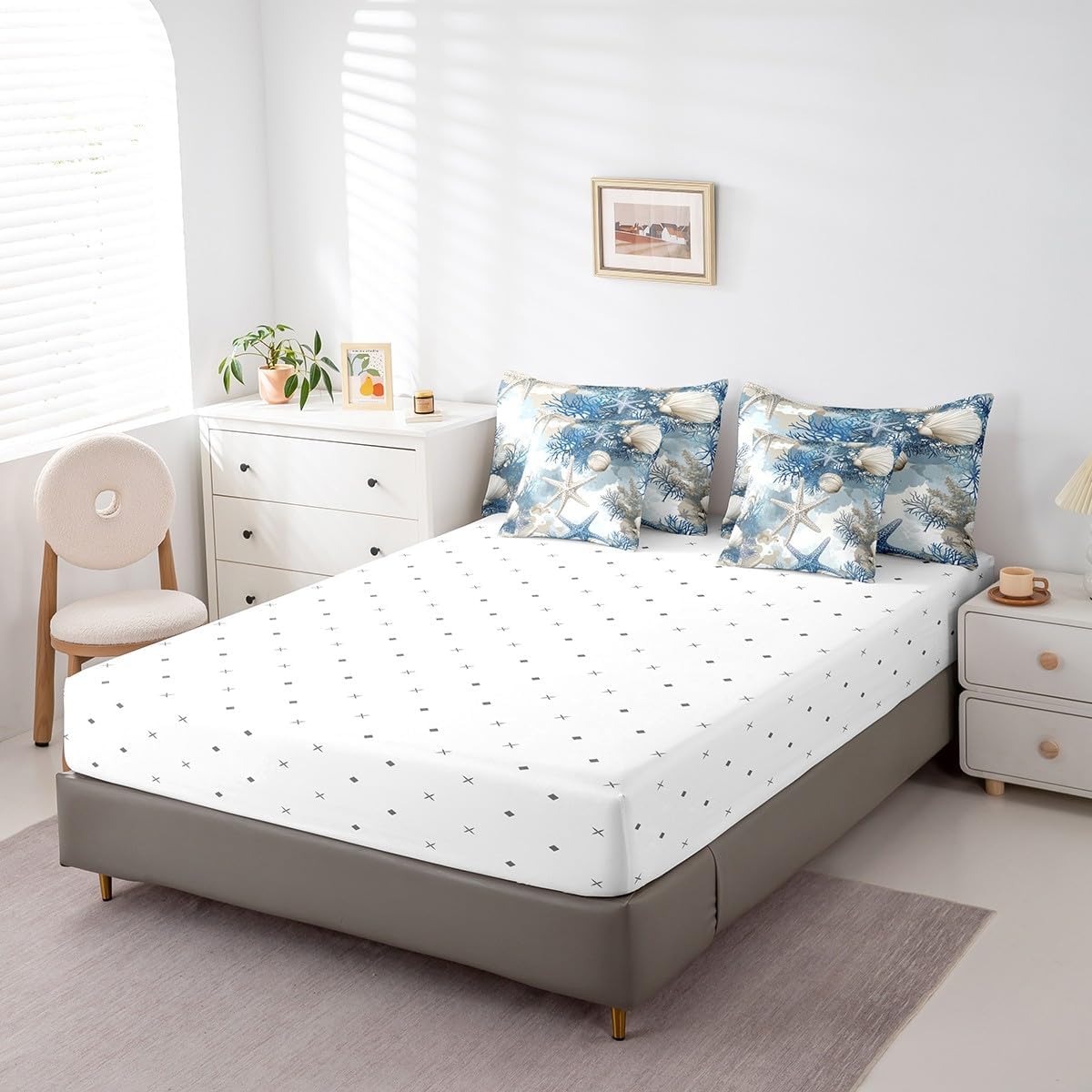 Erosebridal Summer Starfish Bedding Set Queen Size 7 Piece Bed in A Bag Seashell Comforter Set for Kids Teens Super Soft All Season for Bedroom,Hawaii Ocean Reversible Bed Sets