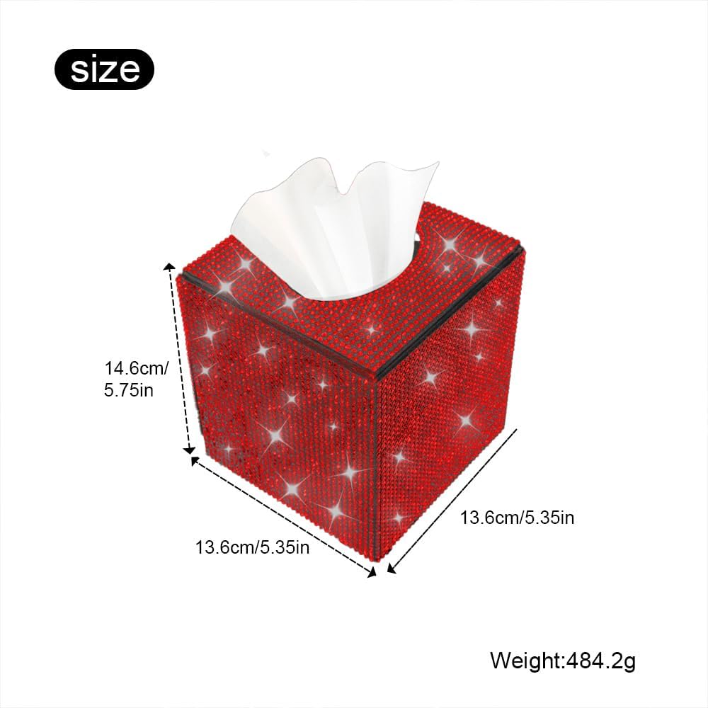 Bling Crystal Rhinestone Rectangular Tissue Box Cover - Sparkling Facial Napkin Dispenser Holder for Car Home Office for Women or Men (Red)