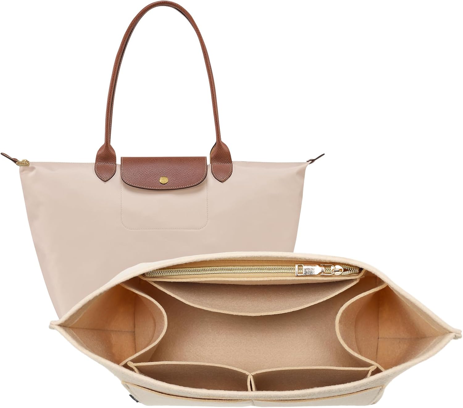 opposhe purse organizer insert for longchamp le pliage, premium felt long champ bag handbag women, tote organizer insert with 9 compartments (medium, beige)