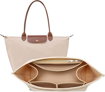 OPPOSHE Longchamp Le Pliage için Çanta Düzenleyici Ekleme, Premium Keçe Uzun Şampiyon Çanta Kadın El Çantası, 9 Bölmeli Bez Düzenleyici Ekleme (Büyük, Bej)